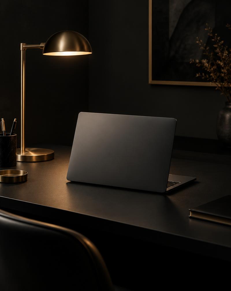 A dark, minimal workspace lit by a single gold lamp